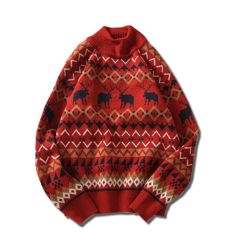 Männer halbe hohe kragen zur Seite fahren Hirsch drucken herbst frühling Weihnachten zur Seite fahren gestrickte zur Seite fahren zur Seite fahren schlank passen für männer kleidung: rot / asiatisch Größe M