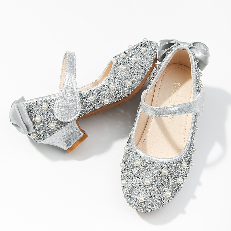 ULKNN Kids Shoes Girls Rhinestone Princess Shoes Child's Leather Show Crystal High-heeled Children's Shoes Pink