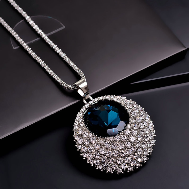 Vintage Blue Crystal Long Necklace Women Bijoux Jewelry Necklaces & Pendants Classic Ethnic Style