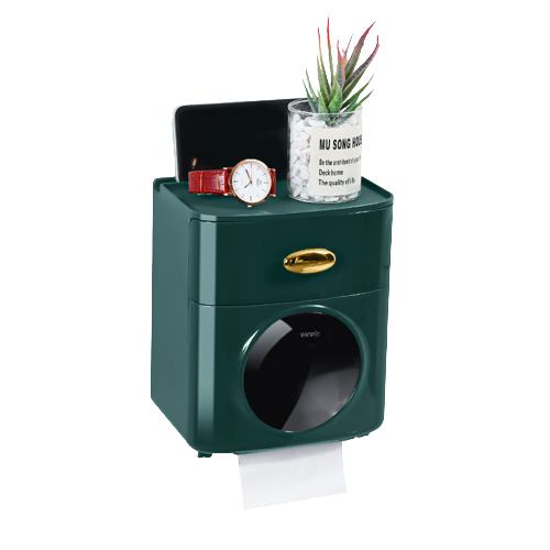 Double Layer Tissue Box Wall Mounted Toilet Paper Holder Waterproof Storage Box Mobile Phone Storage Table Bathroom Supplies: Green A