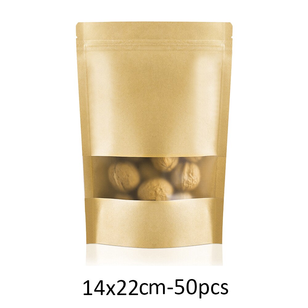 50pcs/Set Reusable Food Storage Bag Zero Waste Sealed Kraft Paper Dry Food Nuts Snacks Candy Bags Wedding Packing Food Container: 14x22cm 50pcs