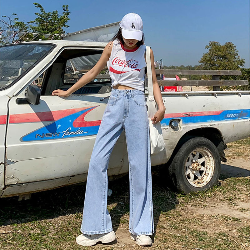 Zomerse gescheurde jeans voor dames, hoge taille denim jeans, harembroek voor dames, coole wijde pijpen, lange blauwe broek: Hemelsblauw / Xl
