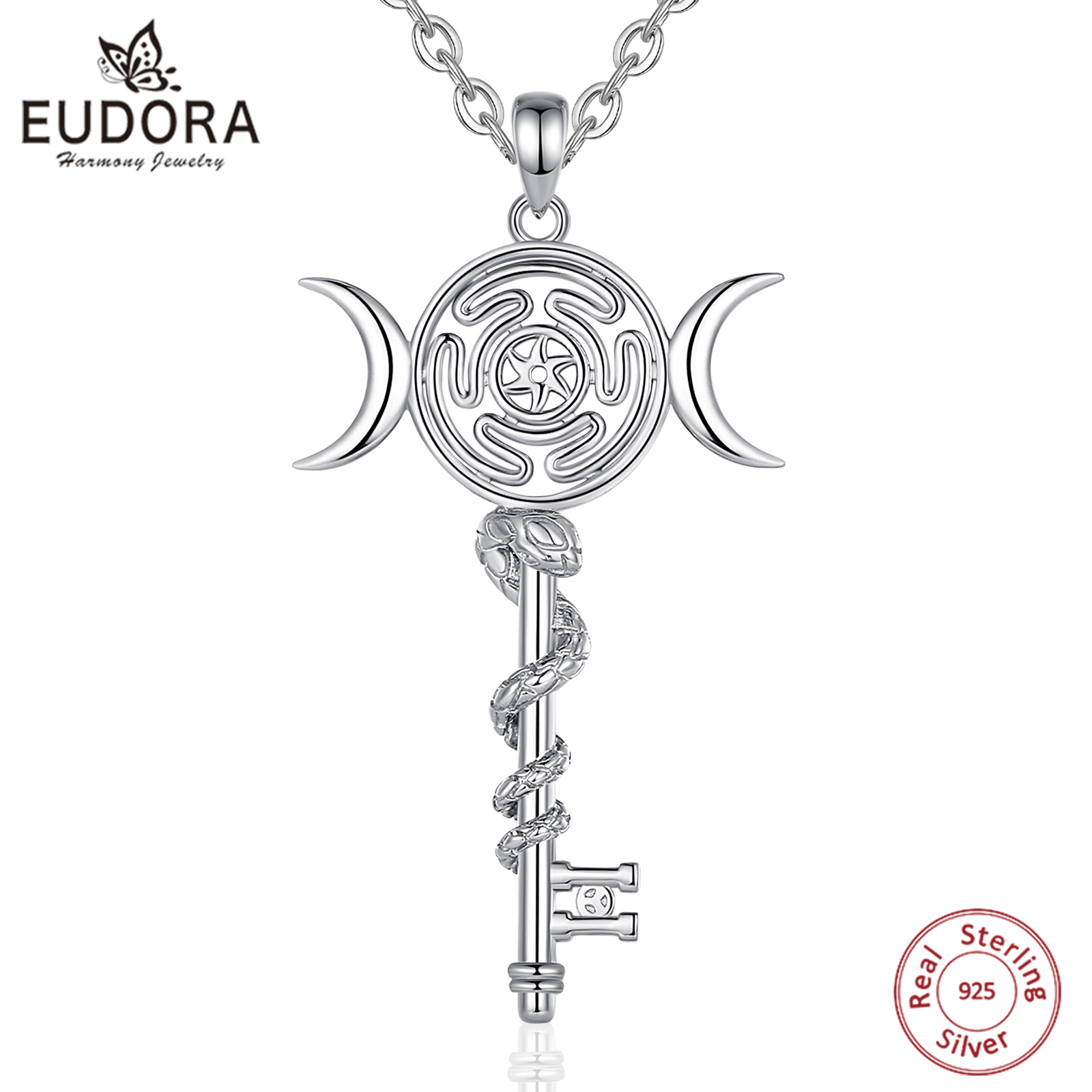 Eudora 925 Sterling Silver Hekate Wheel Necklace for Women Snake Key Triple Moon Goddess Pendant Witch Jewelry Personality
