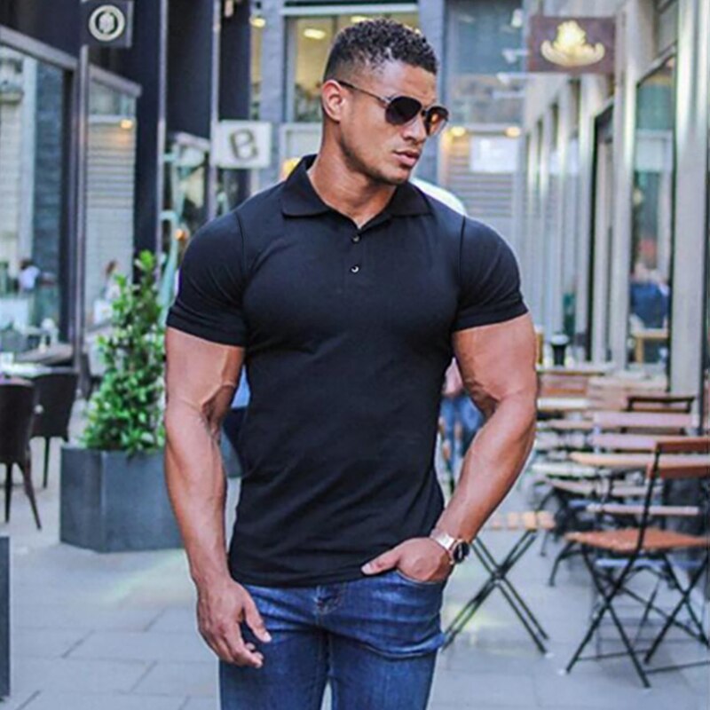 Running T-shirt Men Sports Short Sleeve Polo Shirts Summer Slim Fit Turn Collar Gym Bodybuilding Fitness Polo Shirt plus size: Black / M