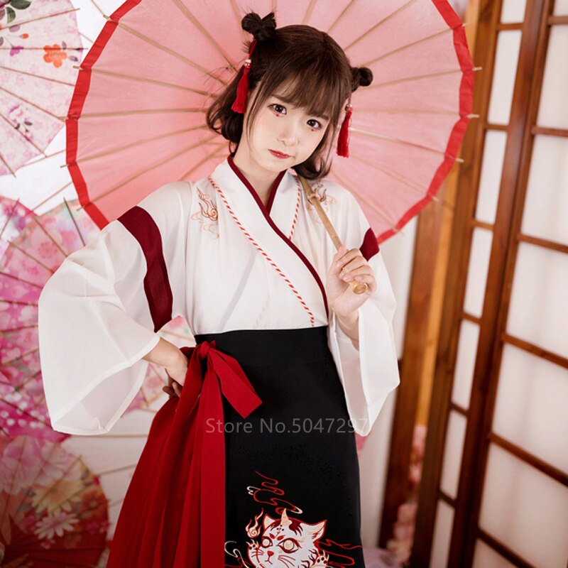 Asian Kimono Short Skirt Set Japanese Traditional Harajuku Kimono Women Girls Asian Yukata Retro Embroidery Yukata Hanfu: White / S