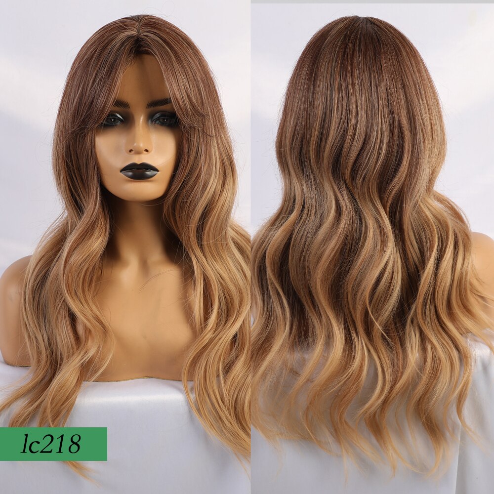 Peluca rubia larga de color marrón con ondas naturales sintéticas y flequillo para fiestas o uso diario: lc218