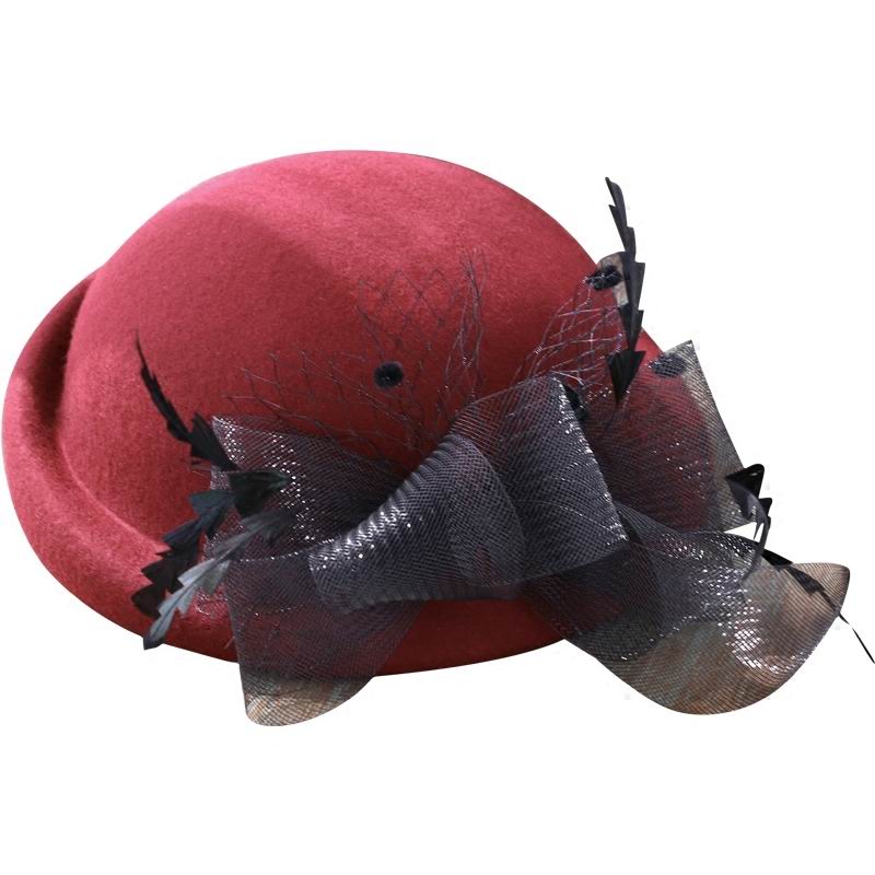 Kvinner edel lue kvinnelig vintage vin rød 100%  ull fedoras lue engelsk fest slør cap  m5103