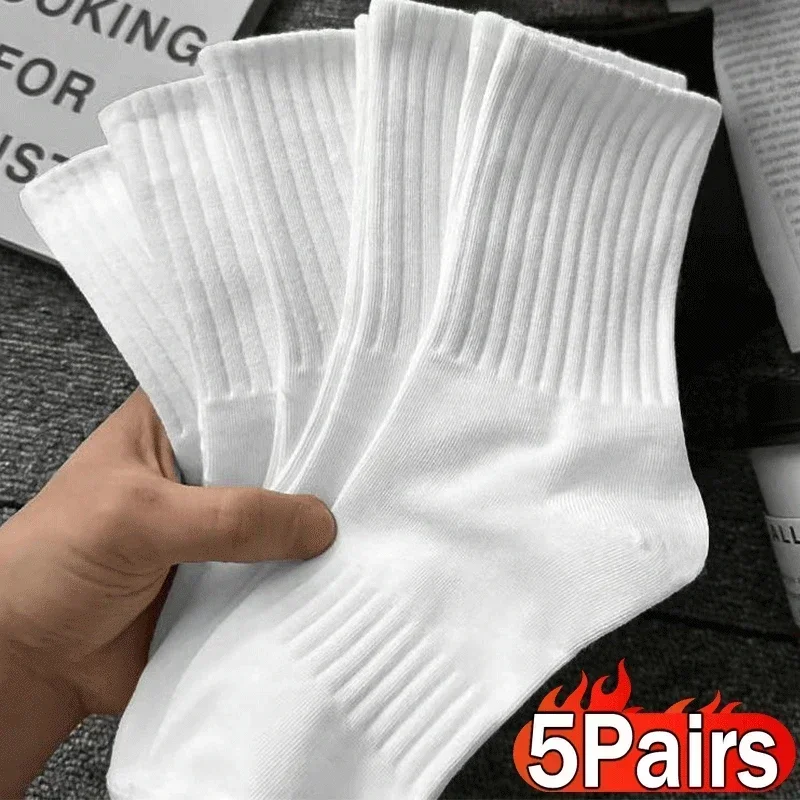 1/5 pares de Calcetines gruesos de algodón para hombre, Calcetines largos de felpa con parte inferior sólida, Calcetines deportivos blancos y negros, Calcetines informales transpirables para hombre