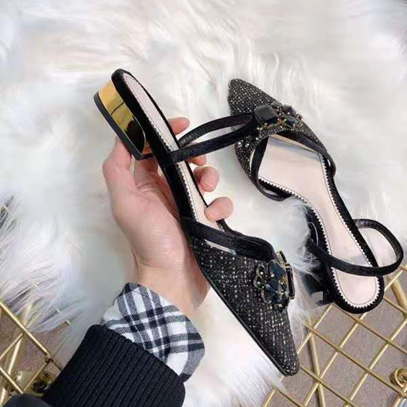 Luxe noir cristal femmes sandales plates Slingback or talon femmes sandales à bout pointu sans lacet d'été Mujer Sandale Femme A072