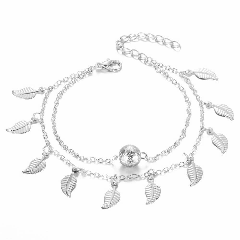 Bohemien Doppel Schicht Perlen Knöchel Armbinde für Frauen Bein Kette Leafs Quaste Fußkettchen Sommer Strand Fuß Schmuck Zubehör: Silber überzogen