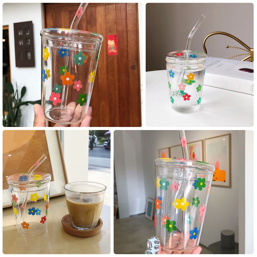 1pc Straw Cups Flower Patter Water Cup Glass Cups Beverage Cup Drinking Cup
