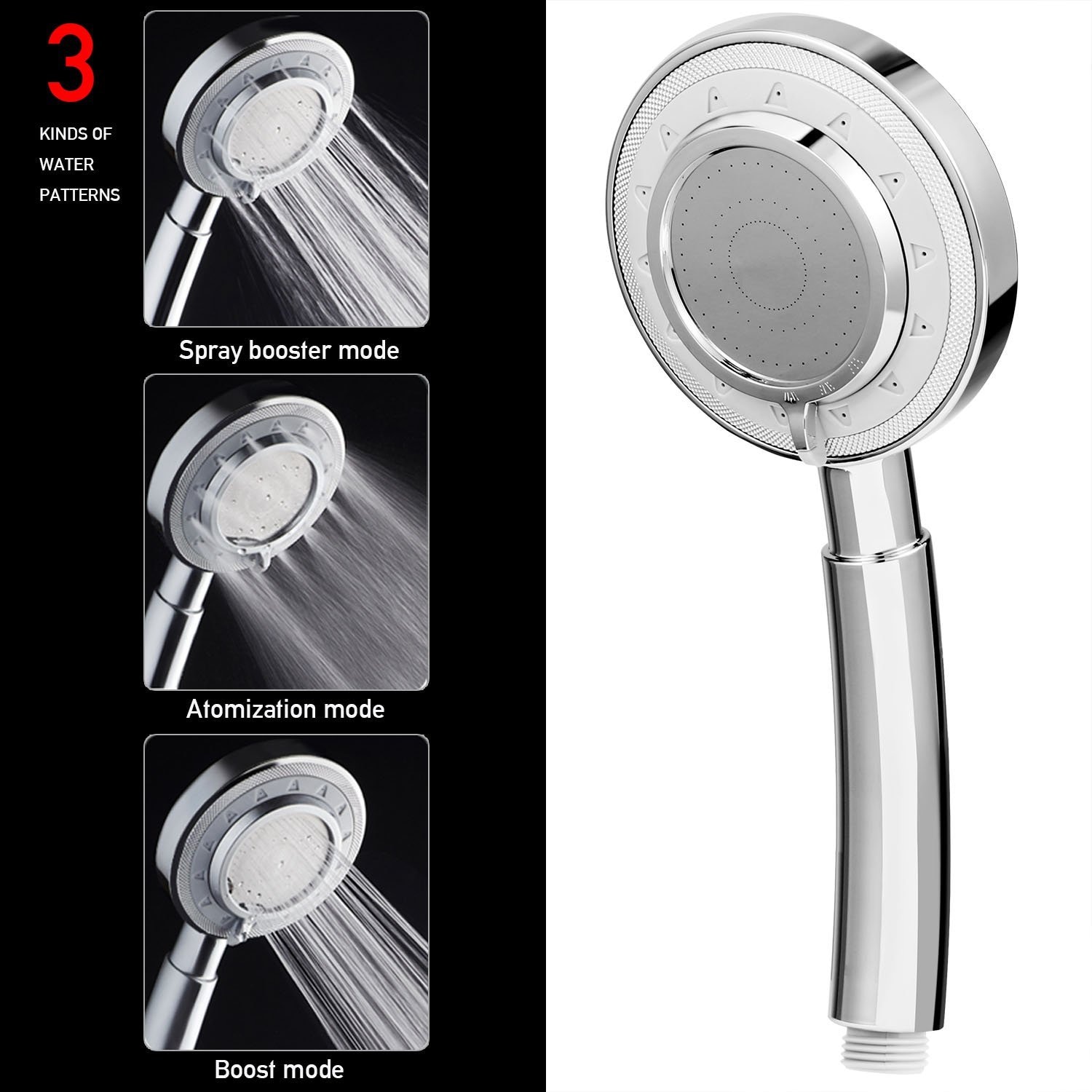 Water saving Shower head High Pressure Boosted Bathroom Handheld Showerhead Shower 3 Spray Settings with Stainless Steel Plated