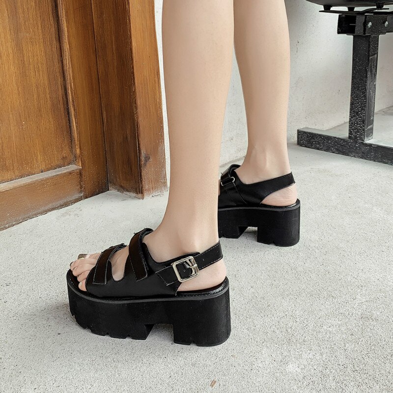 Boussac Gesp Slingback Platform Sandalen Vrouwen Open Teen Een Strap Zomer Sandalen Vrouwen Zwarte Punk Goth Schoenen Vrouwen C998