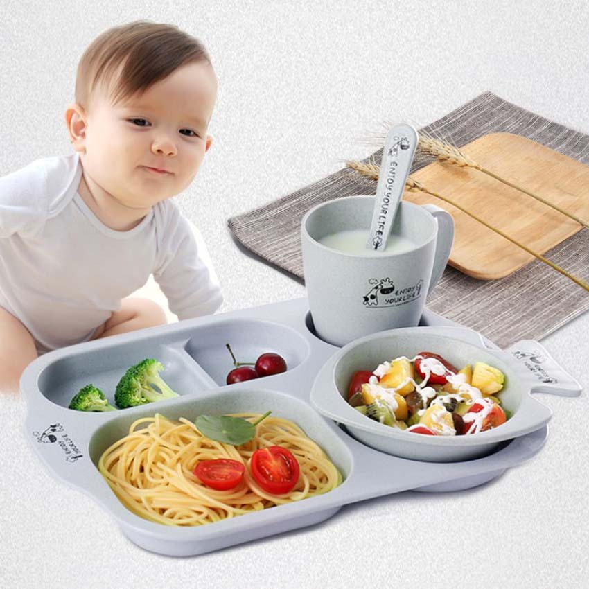 5Pcs Child Tableware Wheat Straw Sange Snack Tray with Spoon Fork Cup Skid Platter Tableware Baby Eating Supplies Beautiful Tray
