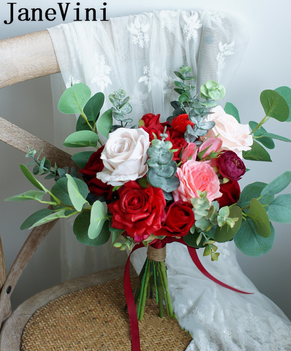 JaneVini Jahrgang rot Rose Hochzeit Strauß Künstliche Braut Mit Blumen Rosa Handgemachte Braut Strauß Griff Zubehör