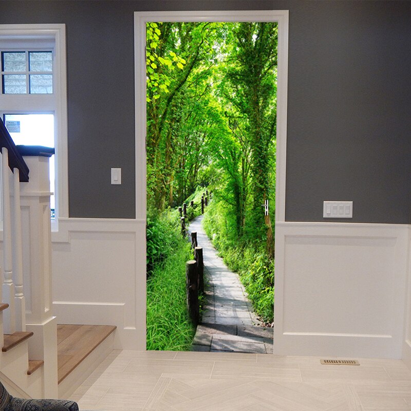 Green Forest Path Landscape Door Sticker Living Room Hotel PVC Self-Adhesive Waterproof Wallpaper 3D Door Decals Papel De Parede