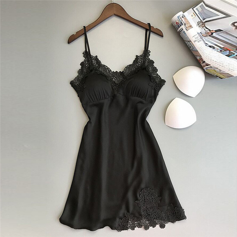 Vrouwen Sexy Kant Lingerie Nachtkleding Ondergoed Robe Babydoll Nachtkleding Jurk FemmeDe Nuit Camisola Da Mulher Da Noite QB2: Black / XL