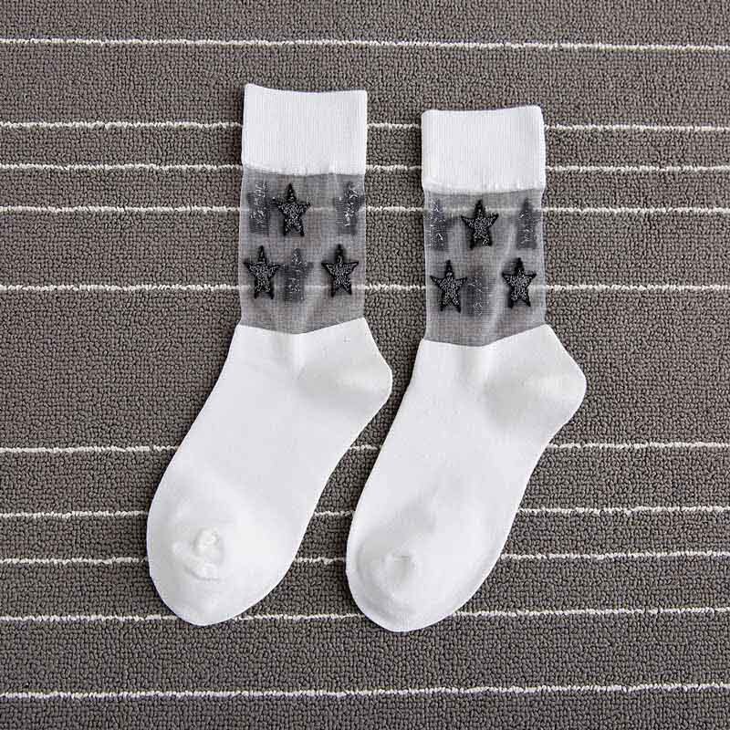 [wploikjd] skinnende sølvstjerner gennemsigtigt glas harajuku sokker kunst moda mujer sokker kvinder japan calcetines mujer meias feminin: Hvide sokker