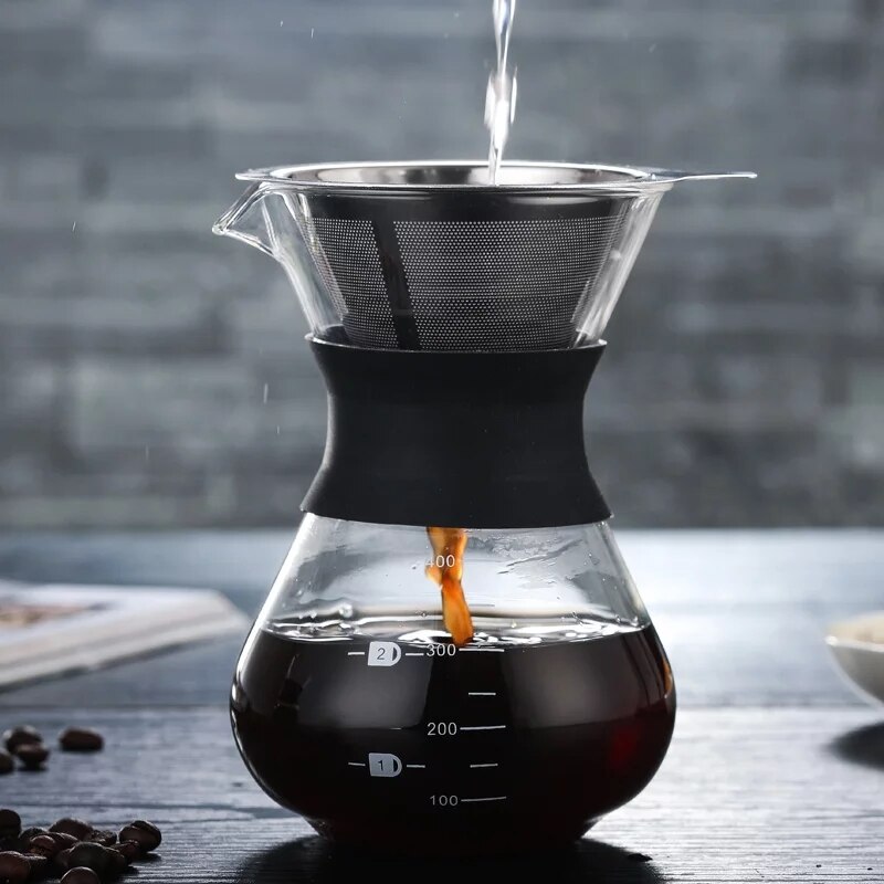 Värmebeständig kaffekanna i glas med filter i rostfritt stål handdroppskanna kafébryggare dela kanna barista häll över kaffebryggare