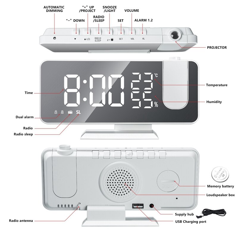 Projektionsvækkeur med fm-radio, temperaturovervågning, nem at bruge, klart stort tal, soveværelsesloft