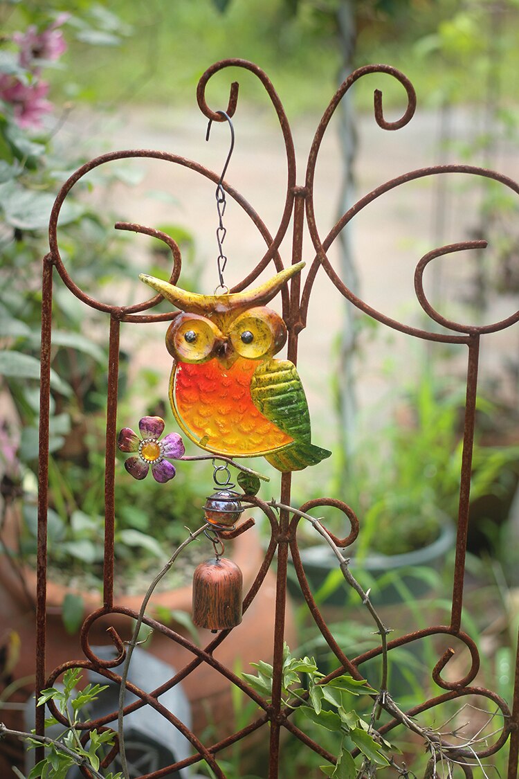 Ornamentos para decoração de jardim, decoração de ferro forjado em vidro colorido de coruja laranja e vento, pingente idílico, pastoral, ambiente externo