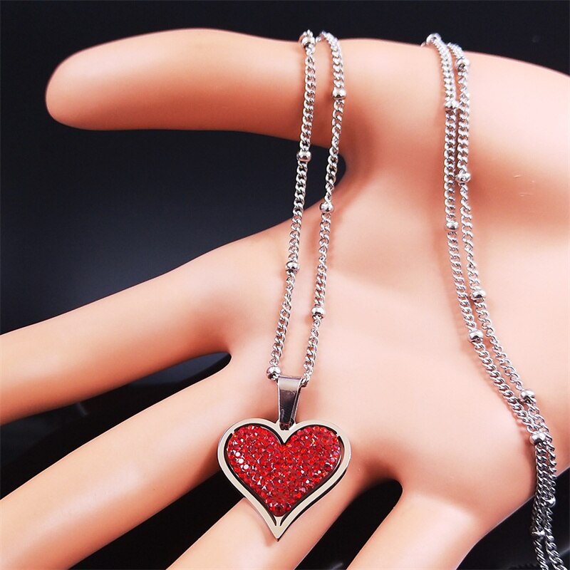 Liebesherz-anhänger aus rotem kristall und edelstahl, kleine halskette für damen/herren, silberfarben, schmuck, geschenk für frauen,  n8049 01