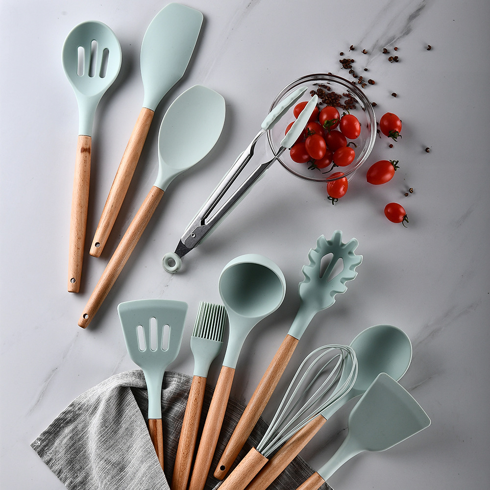 Juego de utensilios de cocina de silicona antiadherente espátula pala con asa de madera conjunto de utensilios para cocina con caja de Almacenamiento Herramientas de cocina