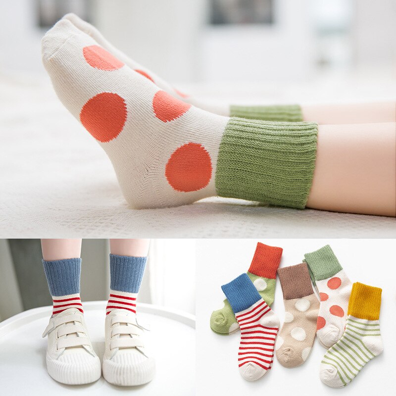 5 paar Pack Jungen Socken Baumwolle Socken Mädchen Socken Herbst und Winter Große Polka Dot Farbe Passenden Socken Kinder der Baumwolle Socken: 5-pair B / M 3-5 years old