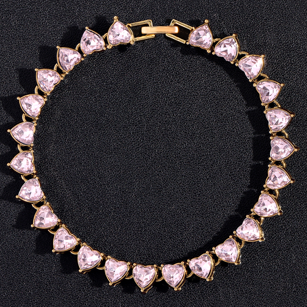 Crystal Heart Cuban Link Ketting Armband Voor Vrouwen Full Strass Hiphop Luxe Bling Chunky Armband Bruiloft Sieraden Cadeau: Imitation Rhodium Plated