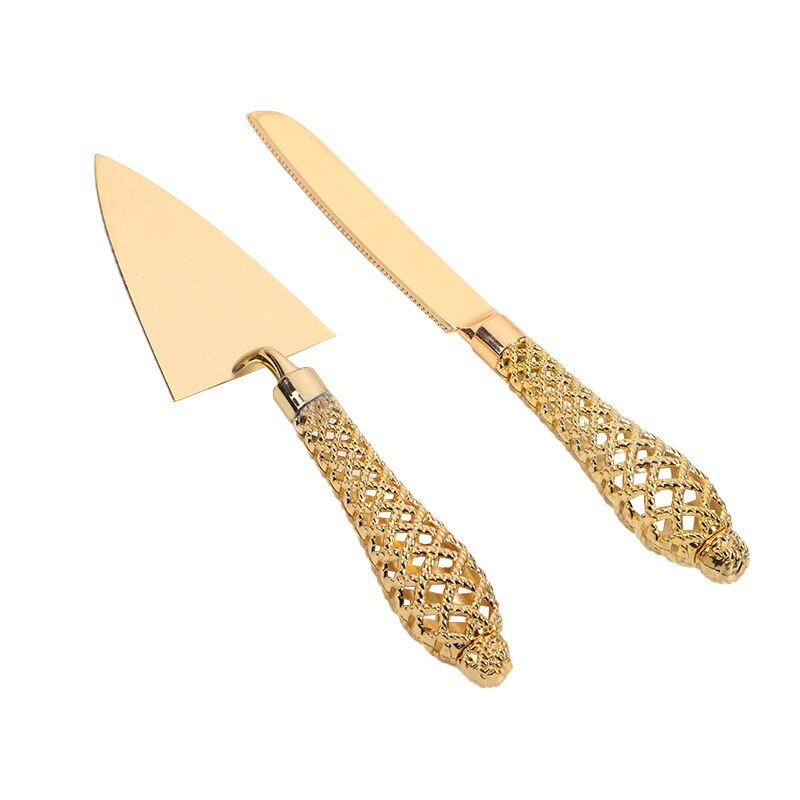 Juego de pala y cuchillo dorados para hornear, juego de cubiertos dorados con mango hueco para Pizza, pastel, postre, de cumpleaños y boda