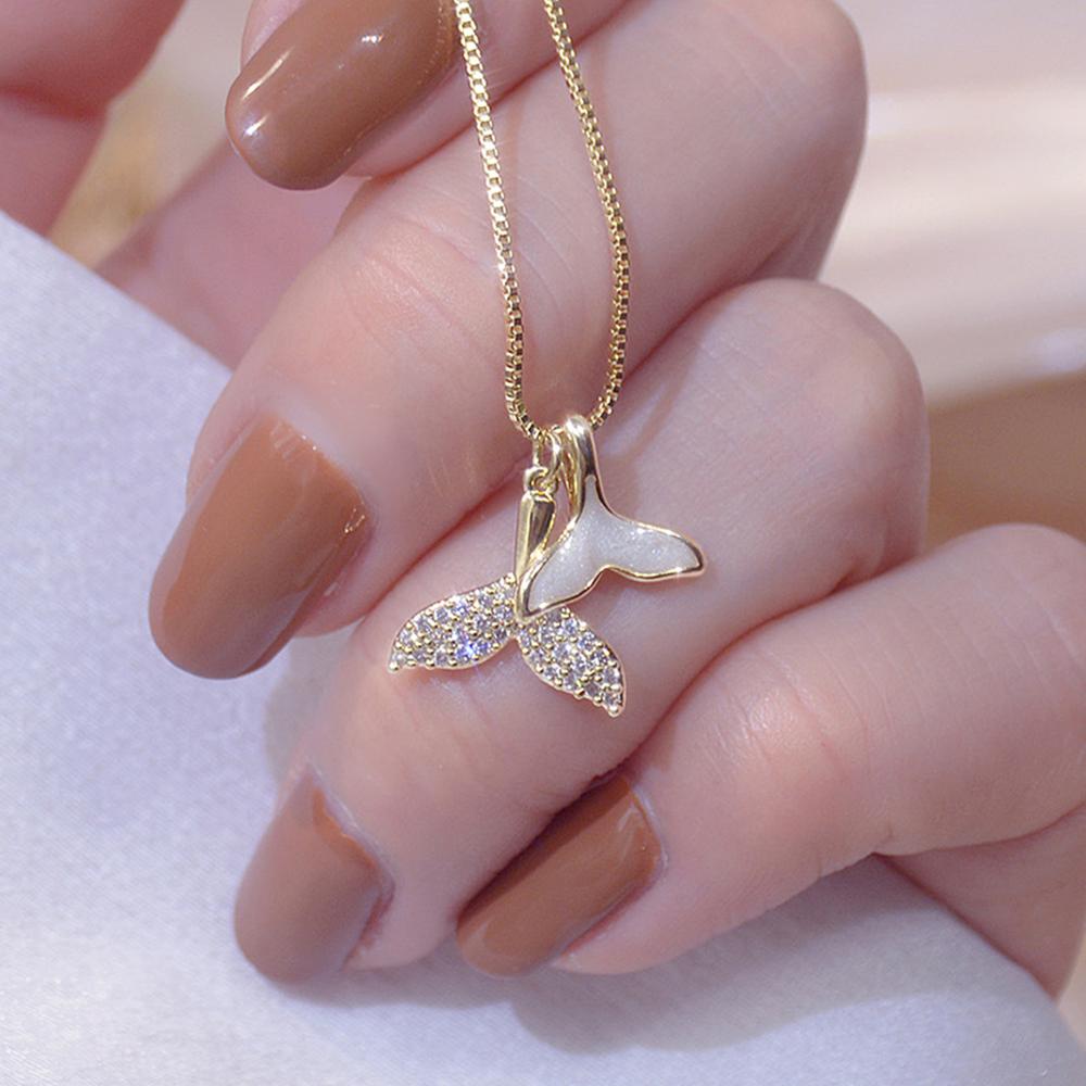 Romantic Charm Brilliant CZ Bowknot Lady Necklace 14k Real Gold Super Shining Zircon Clavicle Rope Charin Stylish Kolye: Fish tail necklace