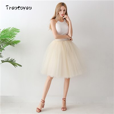 5 lag 65cm sort plisseret nederdel sexet midi tyl nederdel høj talje fuld foring voksen tutu koreansk stil kvinder jupe femme faldas: Champagne