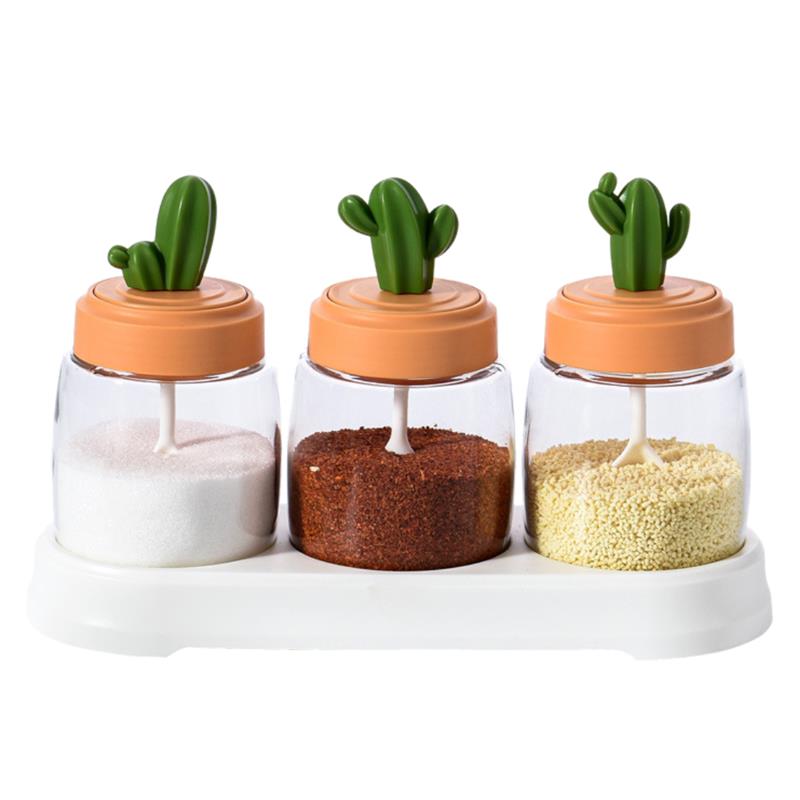 Ensemble de pots à épices en verre, couvercle de Cactus, ensemble de récipients à épices de décoration, boîte d'assaisonnement, sucre sel poudre, récipient de stockage d'épices: vert clair