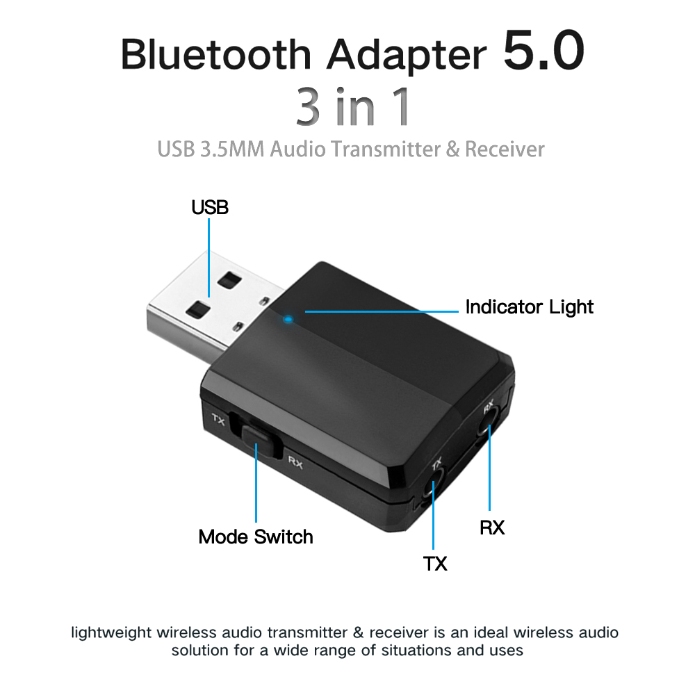 Rovtop USB Bluetooth 5.0 émetteur récepteur Dongle 3 en 1 EDR stéréo sans fil Audio adaptateur pour voiture casque PC TV maison