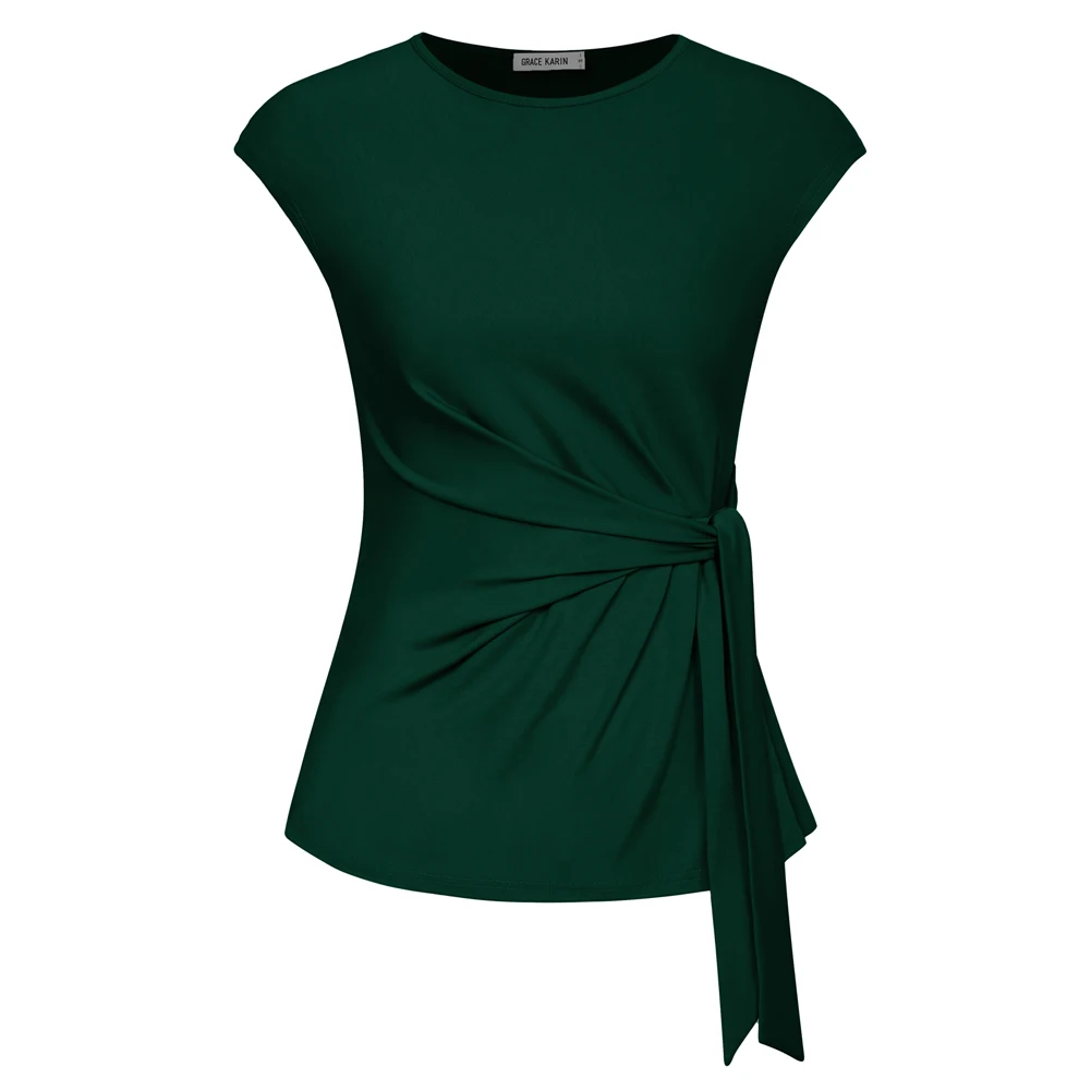 Gk kvinder bluser foran sløjfe knude dekorerede toppe klassiske kasketærmede rund hals pullover sommertoppe bluser femme: L / Mørkegrøn