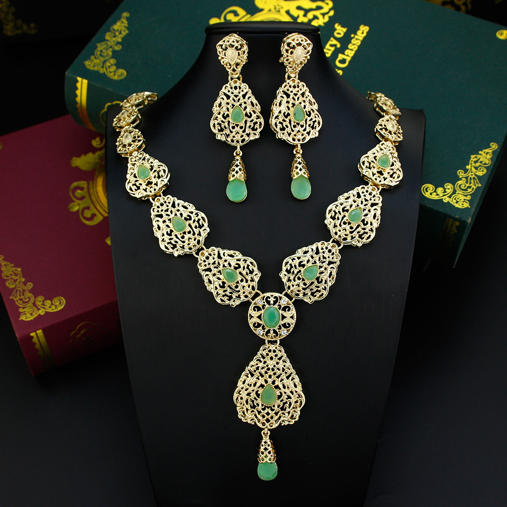 Algerije Marokko Sieraden Sets Lange Oorbel Ketting Set Voor Vrouwen Holle Arabesque Hanger Ketting Goud Kleur Bruid Sieraden: Gerhodineerd