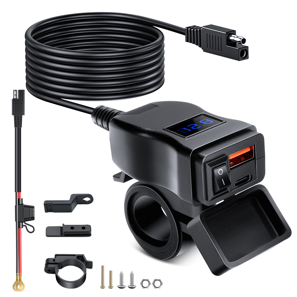 Anchtek-cargador USB para motocicleta, adaptador impermeable montado en vehículo, puertos QC3.0 PD, carga rápida, cargador de teléfono para Moto con interruptor: Negro