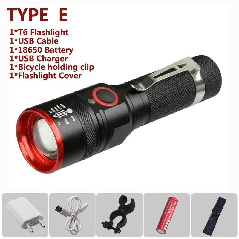 6000 Lumens Flashlight USB Rechargeable T6 LED Flashlight Torch Lamp Lantern 18650 Waterproof Bike LED Holding Clip Flash Light: Type E