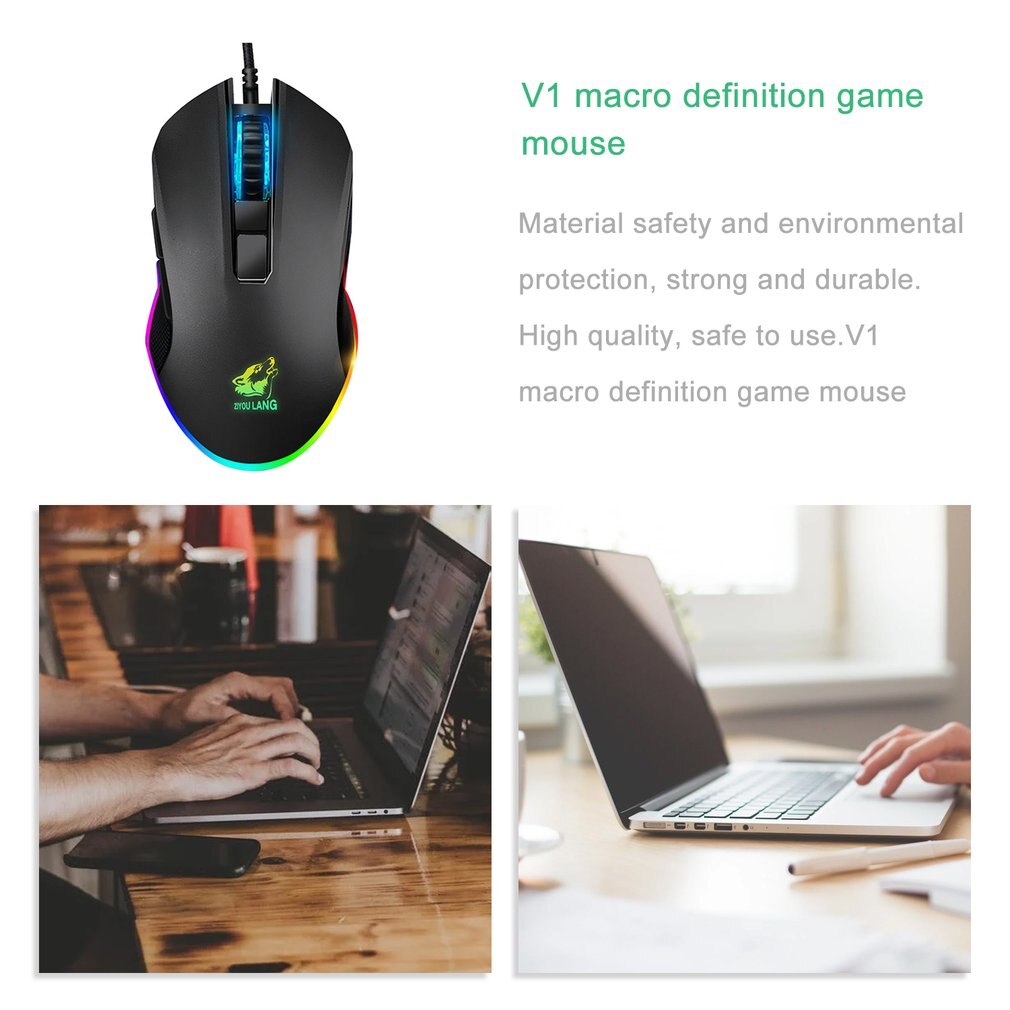 V1 Gaming Mouse Wired RGB Light 8 Programmable Buttons Optical Sensor Gamer Mice Black Game Mouse Ergonomic