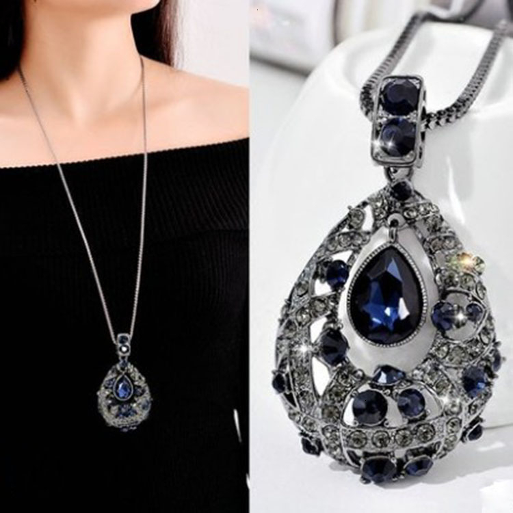 Luxury Long Chain Necklaces & Pendants for Women Waterdrop Gray Crystal Necklace Female Collier Femme Party Jewelry: S11-Blue Crystal Wat