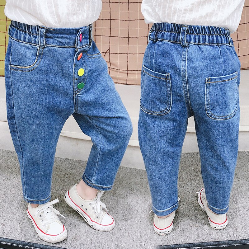 Ins Baby Meisjes Jeans 1-7 Jaar Oud Katoen Gewassen Jeans Voor Baby Meisje Wilde Leisure Jeans Voor baby Meisje Kleur Knoppen