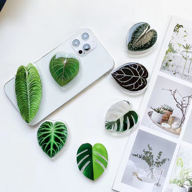 Cute Green Plants Leaves Universal Phone Holder Griptok Support For iPhone Grip Tok Folding Finger Stand Socket