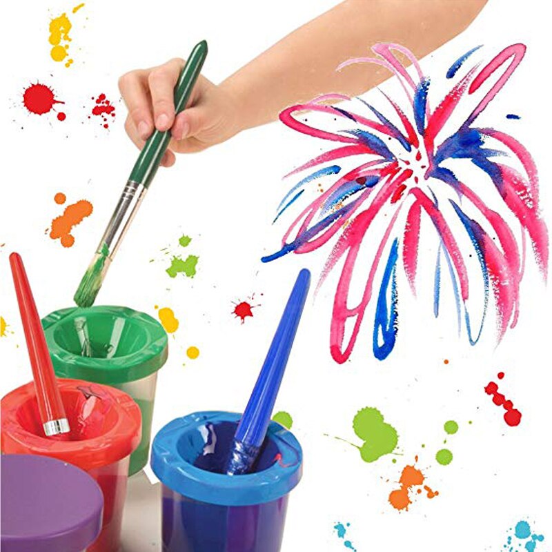 Tazas de pintura sin derrames para niños con tapas de colores conjunto de brochas redondas grandes con mangos de plástico tazas de pintura a prueba de derrames pintura pinceles