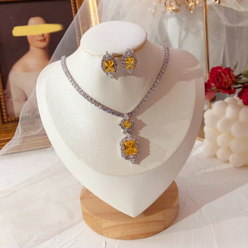 S925 Sterling Silver Fine Jewelry Sets For Women Vintage Bridal Wedding Yellow Cubic Zirconia Necklaces Pendants Earrings