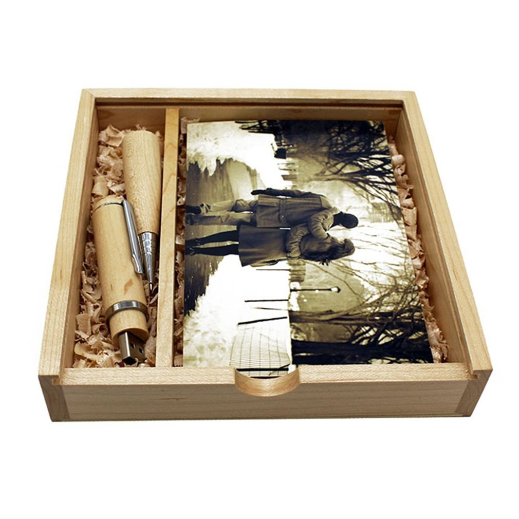 Pen in de vorm van een natuurlijk esdoornhout, usb 2.0 high speed flash drives, geheugenstick, pen, u-schijf, pendrive met foto-opbergdoos