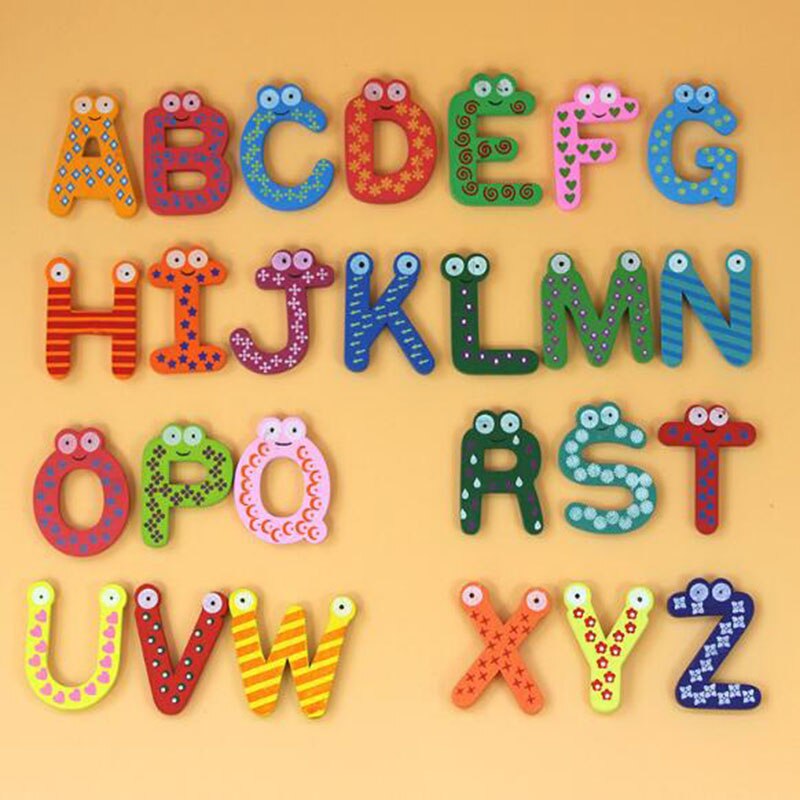 1 sæt træ køleskab magnet køleskab klistermærker tegneserie alfabet tal farverige børn legetøj til børn baby uddannelsesmæssige: 26 engelsk alfabet