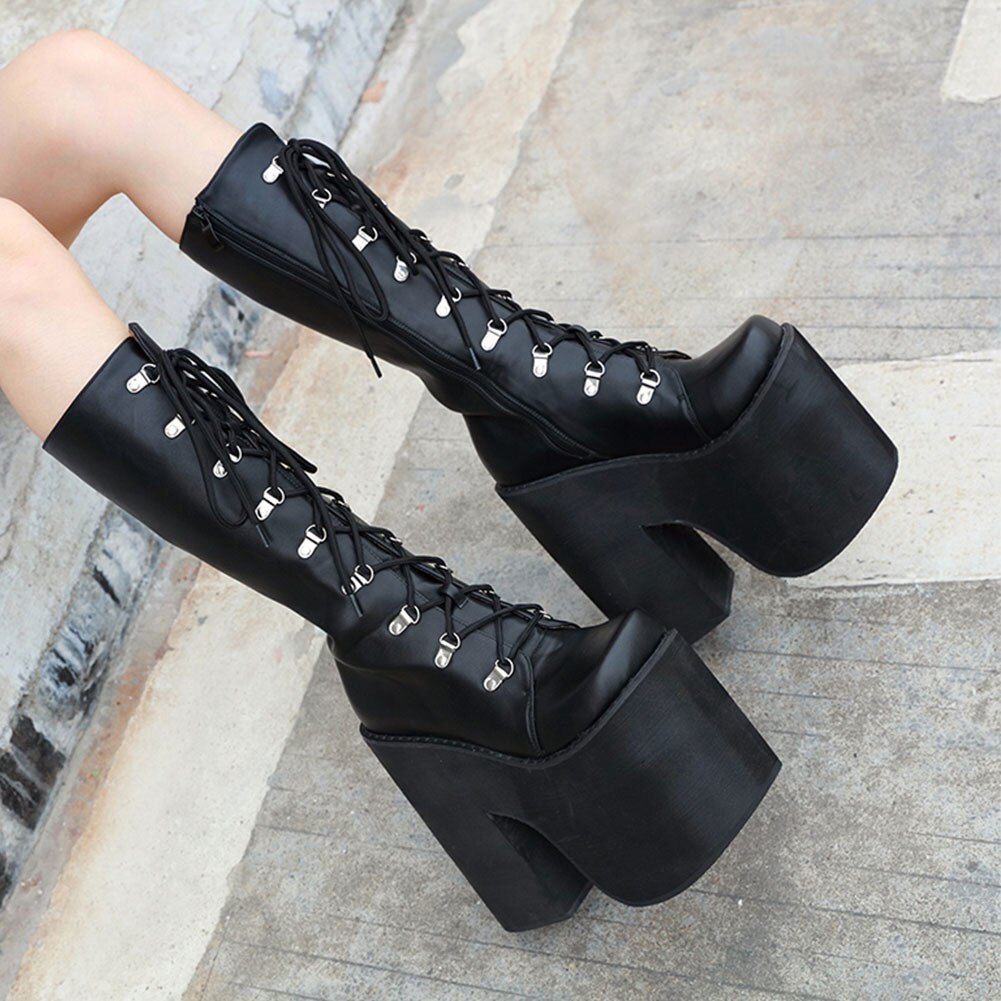 Brand Large Sizes 43 Thick Platform 17cm Extreme High Heels Shoelaces Shoes Woman Cool Motorcycles Boots Female