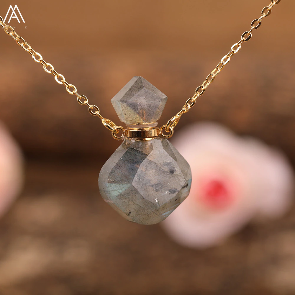 Arco-íris labradorite garrafa de óleo essencial perfume garrafa pingente colar moda feminina coração gem pedra jóias presente dropship