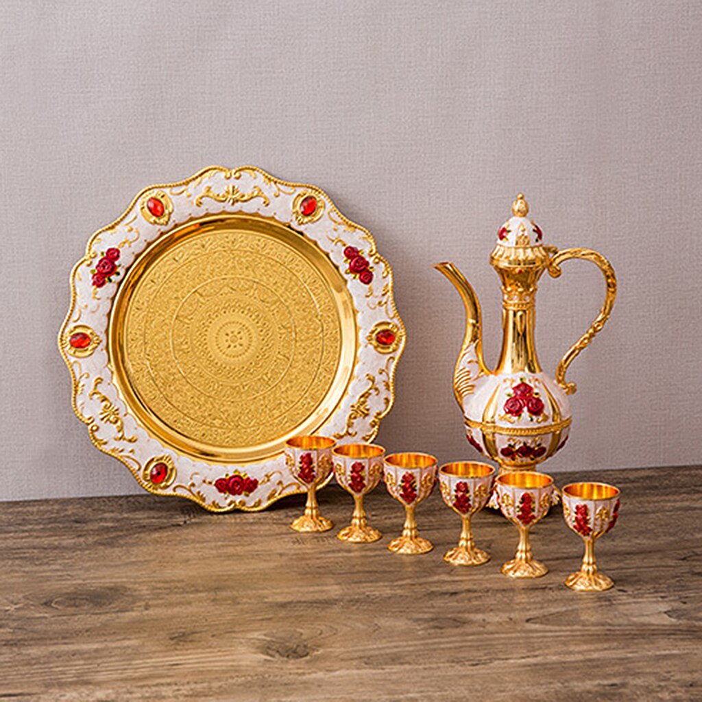 1 Set European Wine Set Home Wedding Drinkware Metal Hip Flask Set Ornaments Retro Palace Wine Cups Wine Pot Bottle Serving Tray: Gold Red Rose