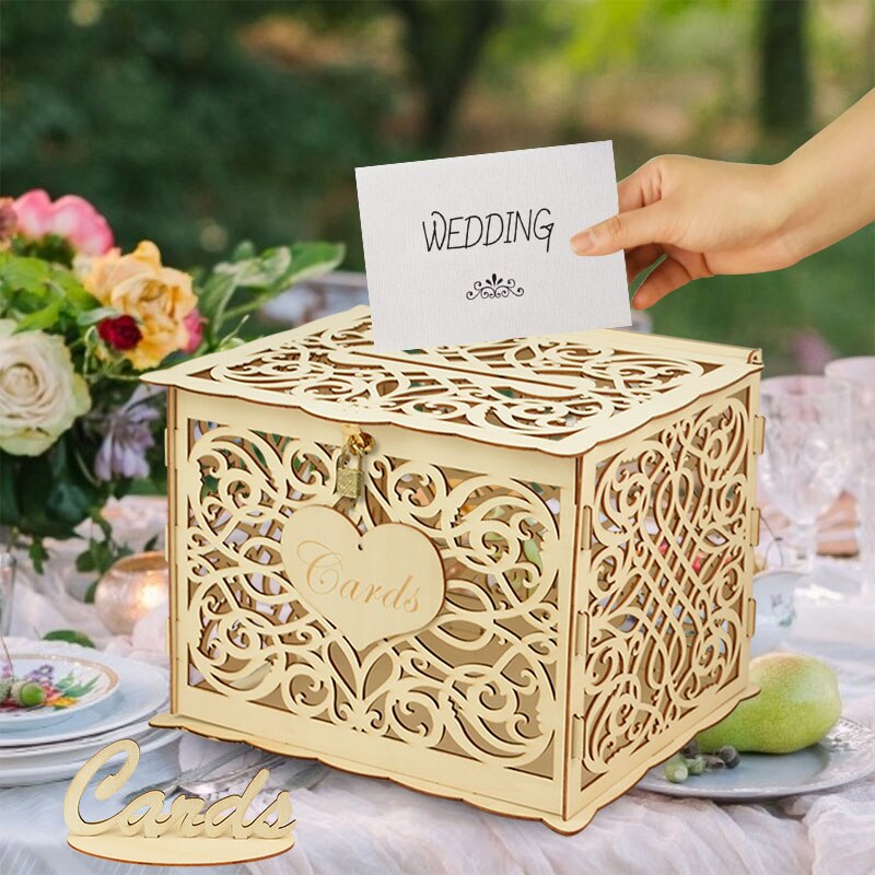 DIY Wedding Card Boxes Mr &amp; Mrs Heart Flower Pattern Invitation Card Wooden Box With Lock For Wedding Birthday Party Decor
